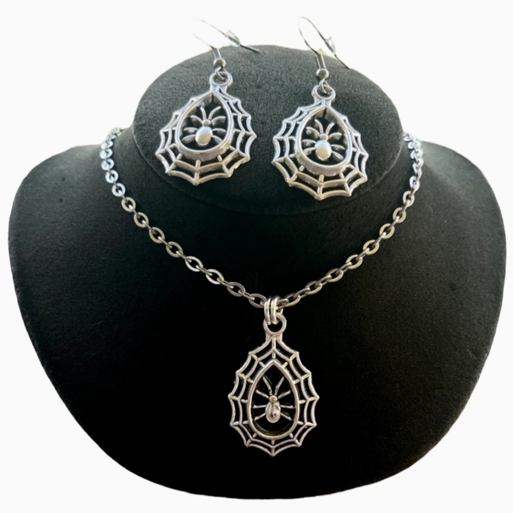 spider web set earrings necklace goth halloween silver plated & stainless steel